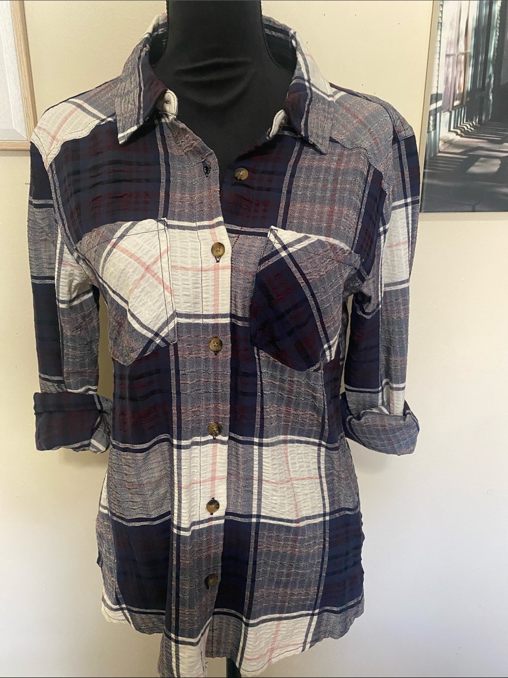 Maurices Navy White and Burgundy Plaid Button-Down Shirt Sz Med